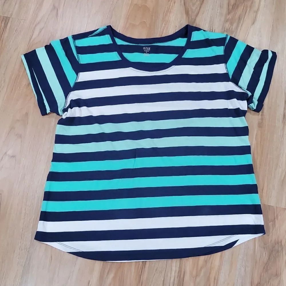 🔺️ANA Blue & Aqua Striped Scoop Neck Short Sleeve Top Size 1X